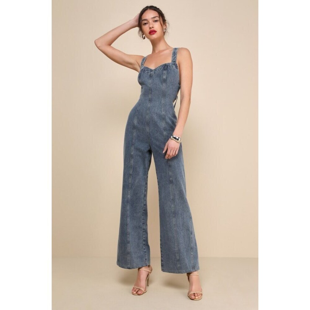 Lulus Trendsetting Personality Medium Wash Denim Backless Jumpsuit Blue - Size S